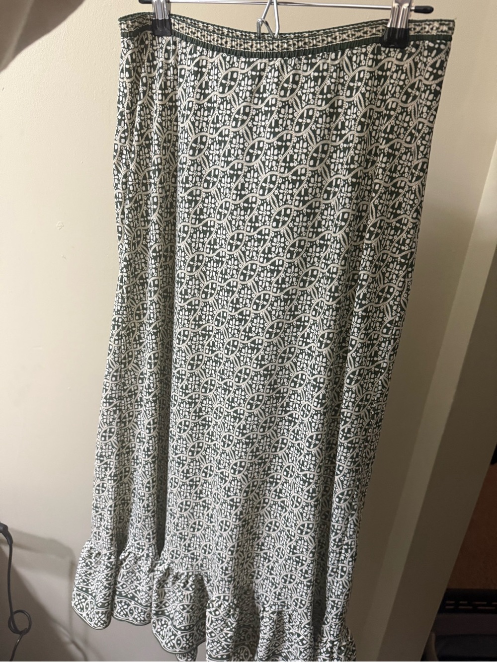 Printed Green and White Maxi Skirt with Ruffle Hem
